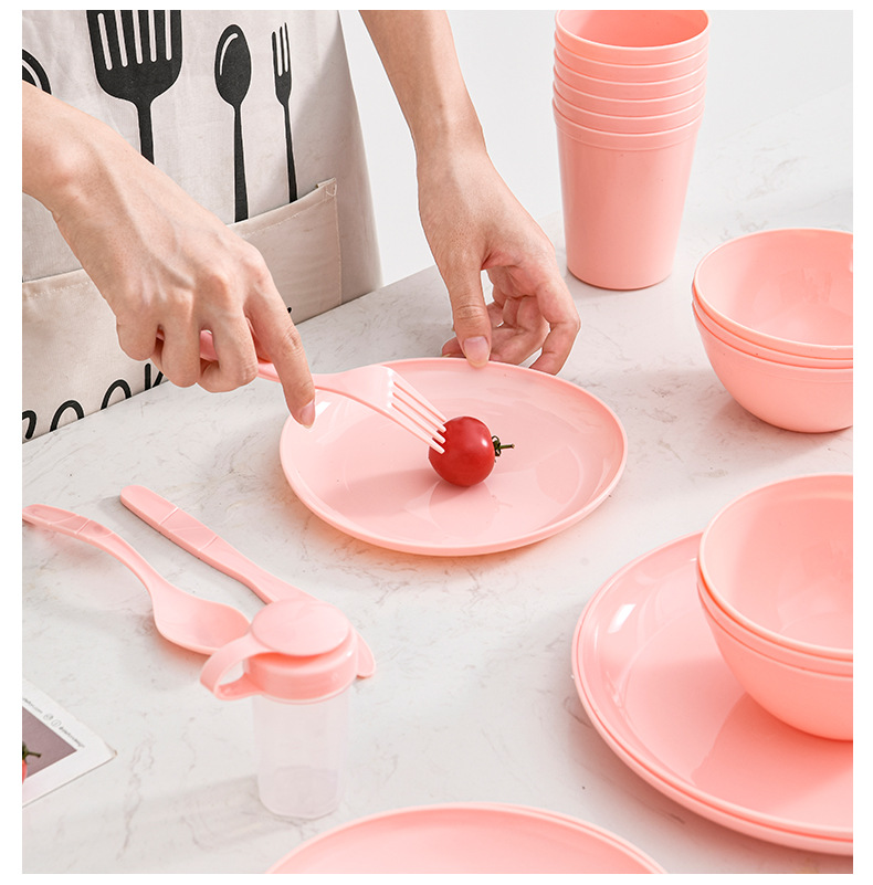 Portable Tableware Pink 47-Piece Set Camping Picnic Plastic Tableware Set Knife, Fork and Spoon