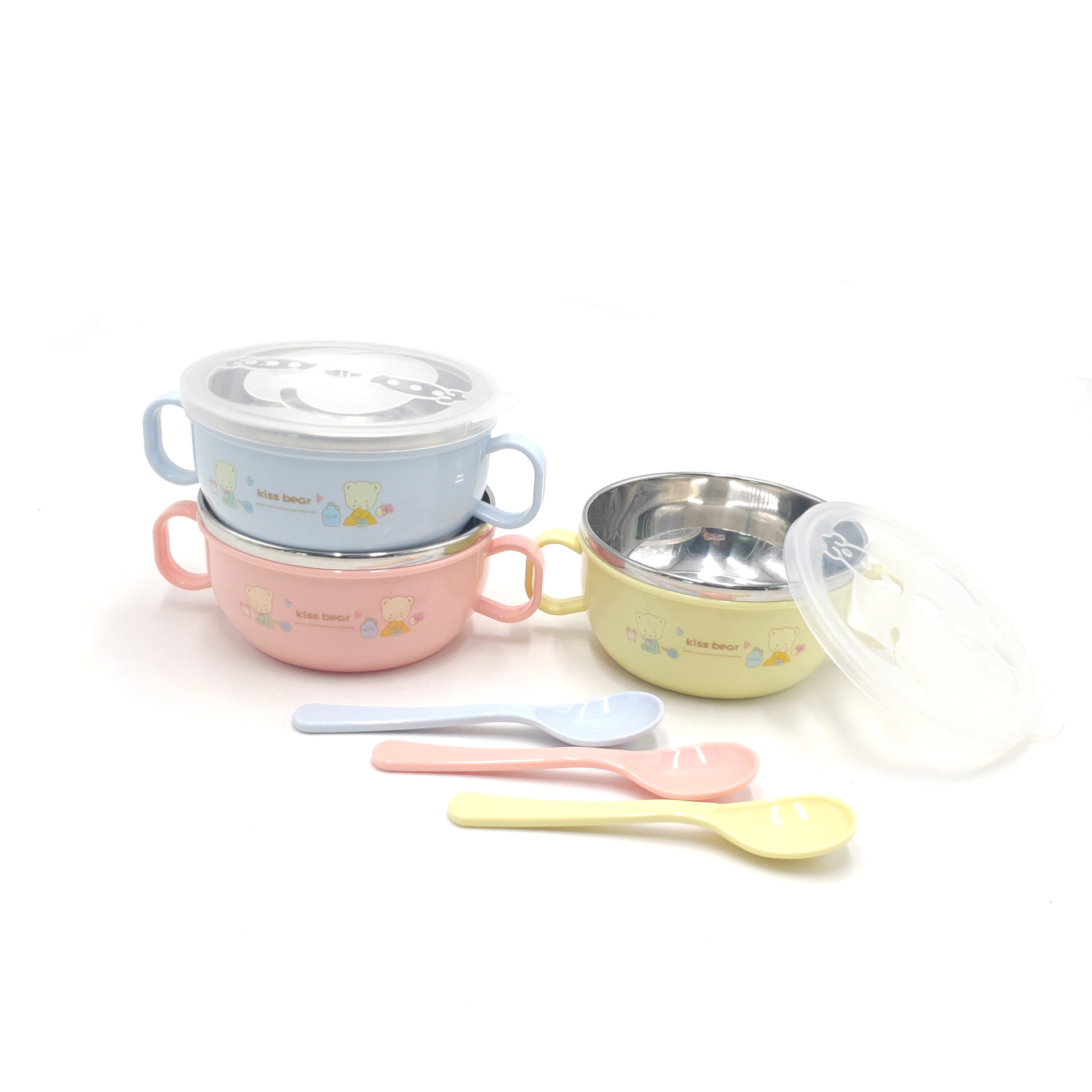 Children&#039;s Cute Cartoon Stainless Steel Bowl with Double Handle Baby Food Supplement Tableware Drop-Resistant Heat Insulation with Lid