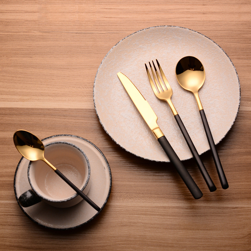 Factory Value SD-11 Series Black Gold Western Tableware 304 Stainless Steel Knife, Fork and Spoon Creative Square Handle Steak Knife and Fork