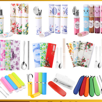 Stainless steel gift bag tableware  Chinese style portable tableware set pen jar tableware spoon fork chopsticks