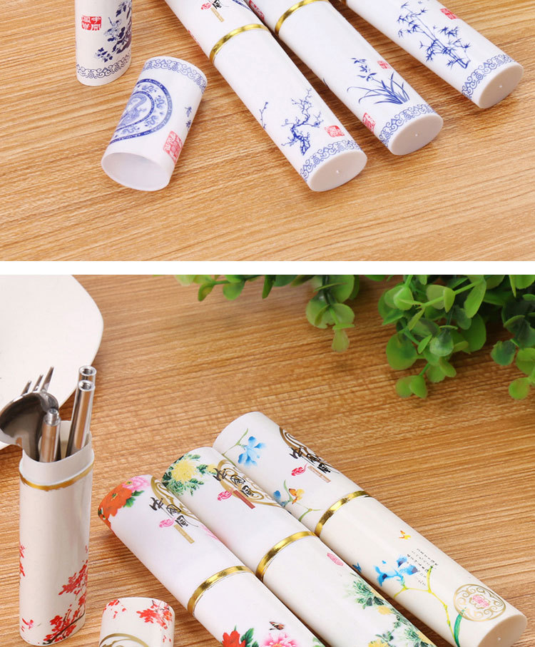 Stainless steel gift bag tableware Chinese style portable tableware set pen jar tableware spoon fork chopsticks Stainless steel gift bag tableware Chinese style portable tableware set pen jar tableware spoon fork chopsticks