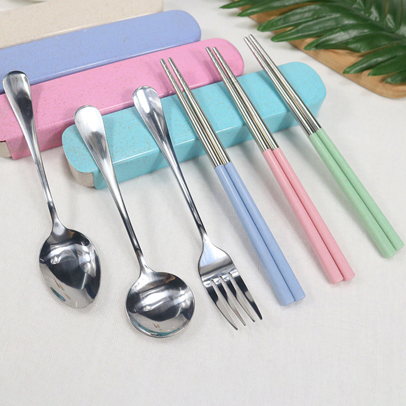 Cross-Border Stainless Steel Portable Tableware Set Chopsticks Spoon Fork Three-Piece Tableware 2-Piece Wheat Straw Box Custom Log
