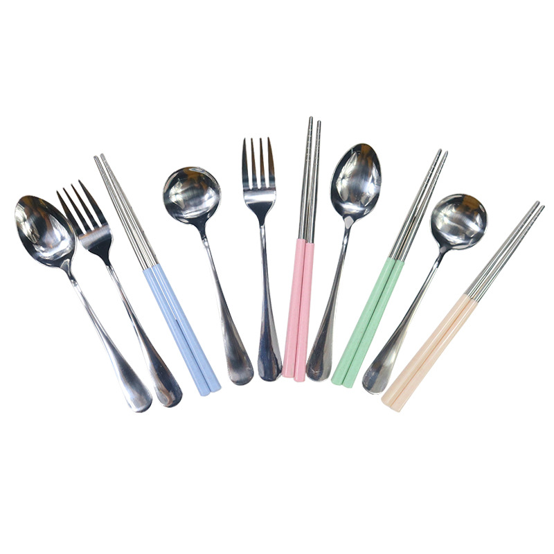 Cross-Border Stainless Steel Portable Tableware Set Chopsticks Spoon Fork Three-Piece Tableware 2-Piece Wheat Straw Box Custom Log