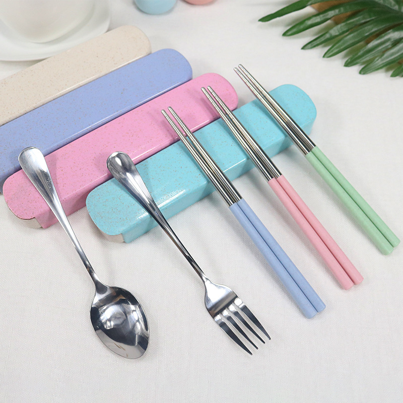 Cross-Border Stainless Steel Portable Tableware Set Chopsticks Spoon Fork Three-Piece Tableware 2-Piece Wheat Straw Box Custom Log