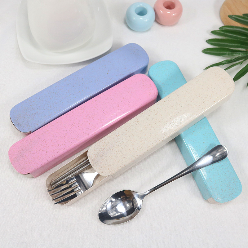 Cross-Border Stainless Steel Portable Tableware Set Chopsticks Spoon Fork Three-Piece Tableware 2-Piece Wheat Straw Box Custom Log