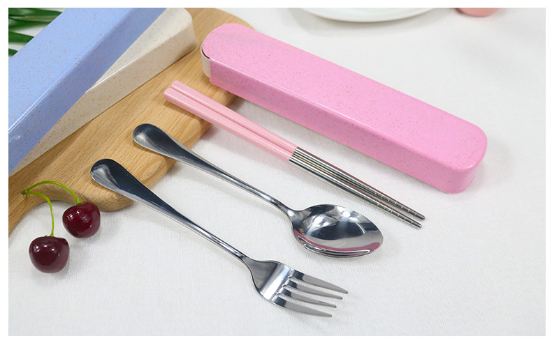 Cross-Border Stainless Steel Portable Tableware Set Chopsticks Spoon Fork Three-Piece Tableware 2-Piece Wheat Straw Box Custom Log
