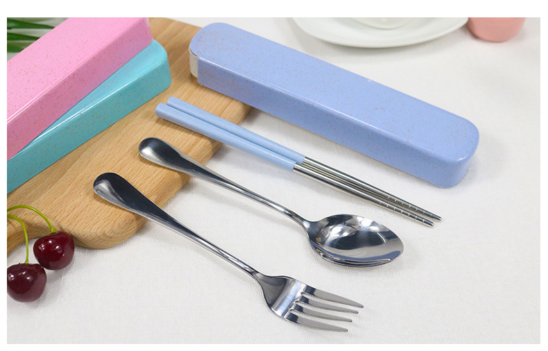 Cross-Border Stainless Steel Portable Tableware Set Chopsticks Spoon Fork Three-Piece Tableware 2-Piece Wheat Straw Box Custom Log