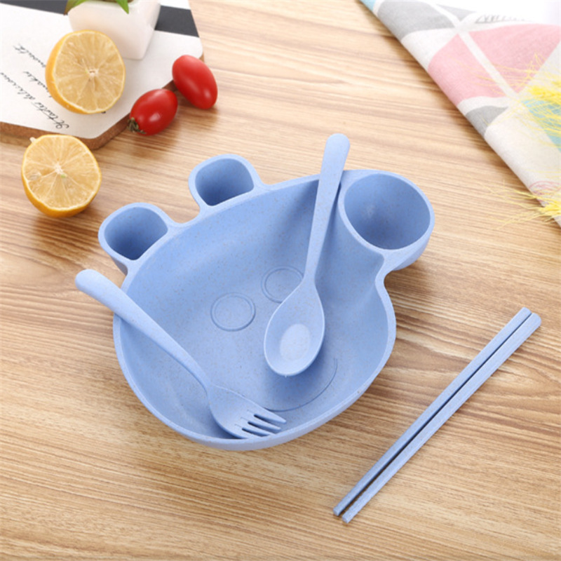 Pig Wheat Straw Children&#039;s Tableware Set Page Baby Compartment Breakfast Plate Spoon Fork Plate Four-Piece Gift Set