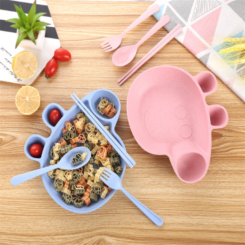 Pig Wheat Straw Children&#039;s Tableware Set Page Baby Compartment Breakfast Plate Spoon Fork Plate Four-Piece Gift Set