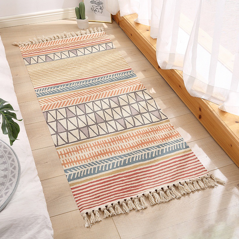 Polyester Cotton Linen Floor Mat Geometric Ethnic Style Bedside Pad Long Bedroom Living Room End Table Decorative Carpet Sofa Cushion