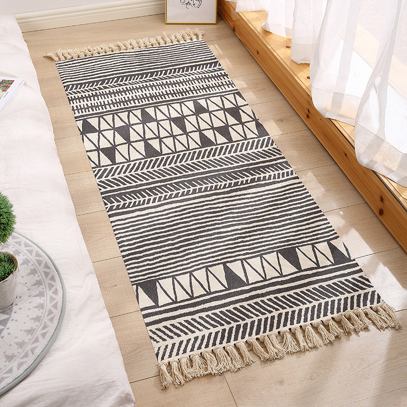 Polyester Cotton Linen Floor Mat Geometric Ethnic Style Bedside Pad Long Bedroom Living Room End Table Decorative Carpet Sofa Cushion