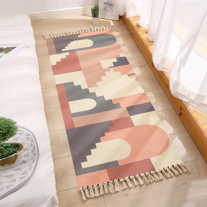 Polyester Cotton Linen Floor Mat Geometric Ethnic Style Bedside Pad Long Bedroom Living Room End Table Decorative Carpet Sofa Cushion