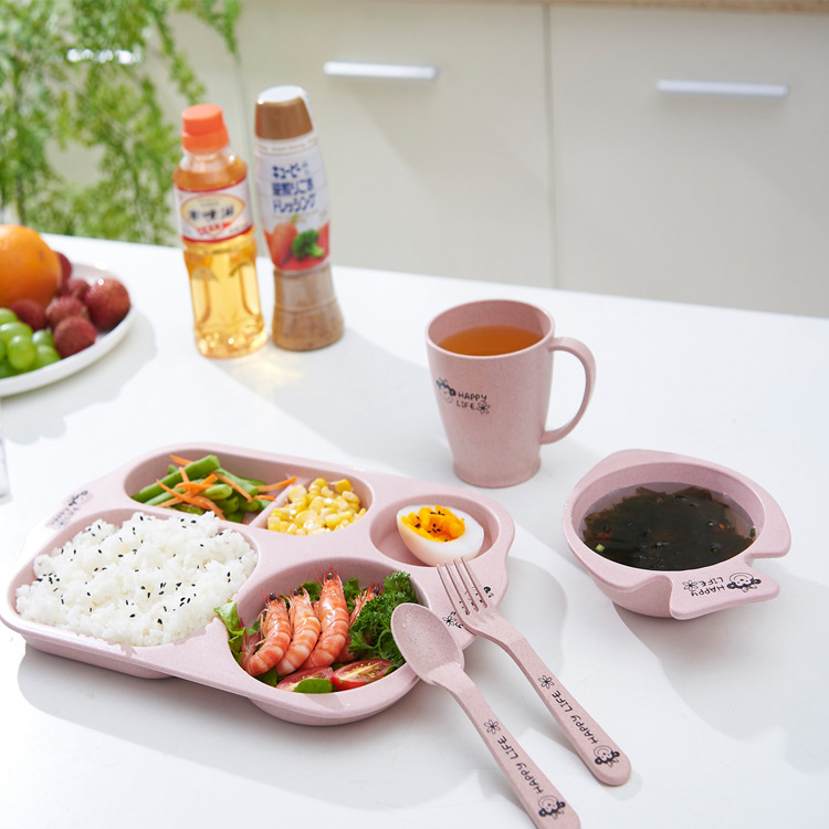 Environmentally Friendly and Healthy Wheat Straw Children&#039;s Household Tableware Food Tray Set with Children Chopsticks Spoon Fork