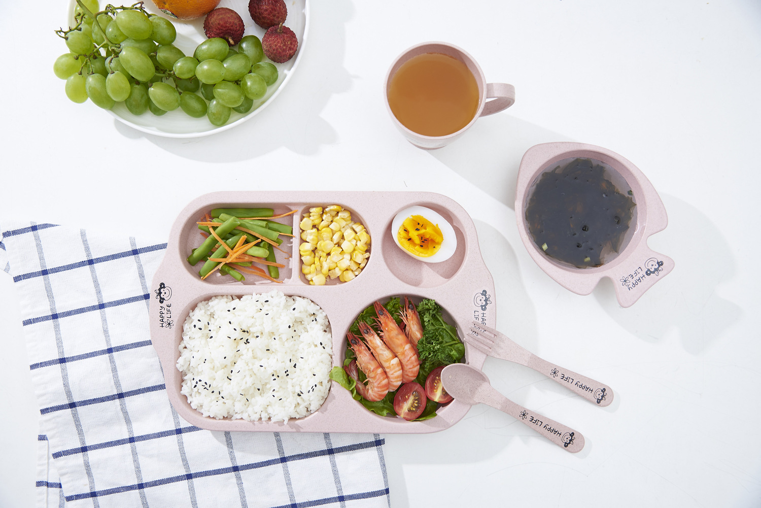 Environmentally Friendly and Healthy Wheat Straw Children's Household Tableware Food Tray Set with Children Chopsticks Spoon Fork