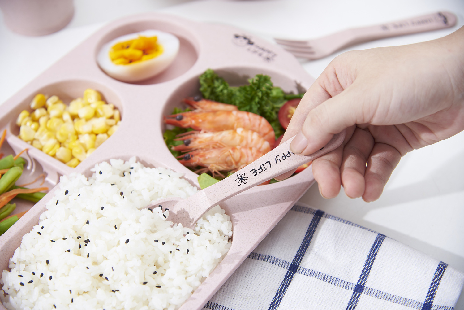 Environmentally Friendly and Healthy Wheat Straw Children's Household Tableware Food Tray Set with Children Chopsticks Spoon Fork