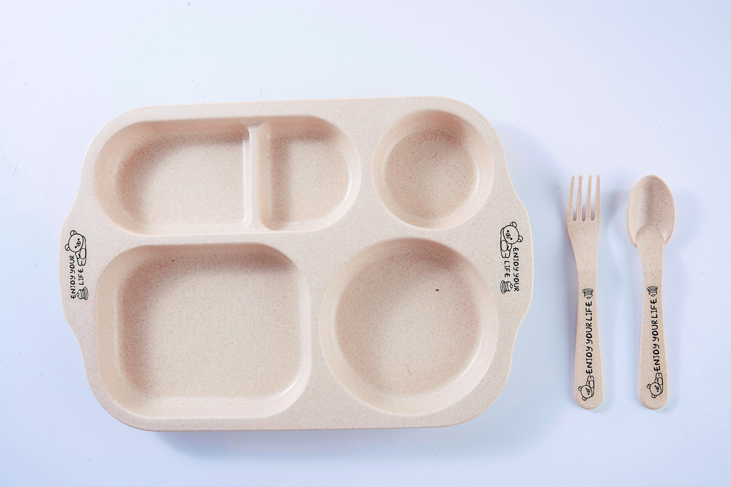 Environmentally Friendly and Healthy Wheat Straw Children's Household Tableware Food Tray Set with Children Chopsticks Spoon Fork