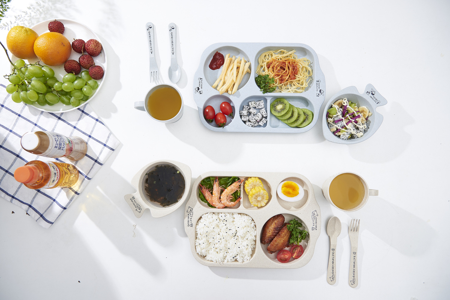 Environmentally Friendly and Healthy Wheat Straw Children's Household Tableware Food Tray Set with Children Chopsticks Spoon Fork