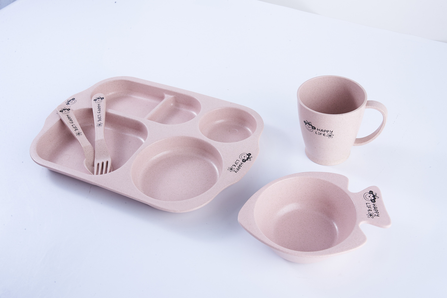 Environmentally Friendly and Healthy Wheat Straw Children's Household Tableware Food Tray Set with Children Chopsticks Spoon Fork