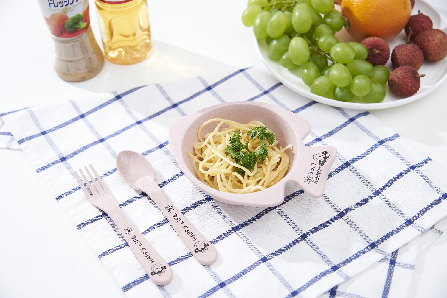 Environmentally Friendly and Healthy Wheat Straw Children's Household Tableware Food Tray Set with Children Chopsticks Spoon Fork