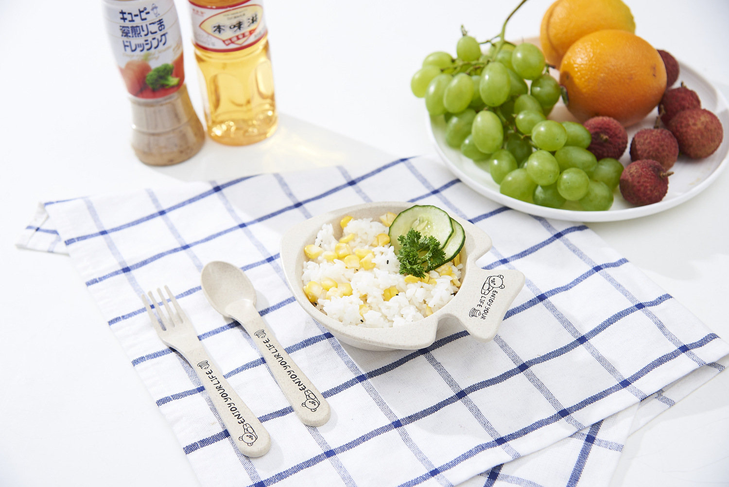 Environmentally Friendly and Healthy Wheat Straw Children's Household Tableware Food Tray Set with Children Chopsticks Spoon Fork