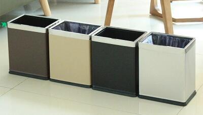 Rectangular Stainless Steel Room Barrel Double-Layer Room Barrel without Lid Flame Retardant Toilet Basket Barrel Office Storage Bucket