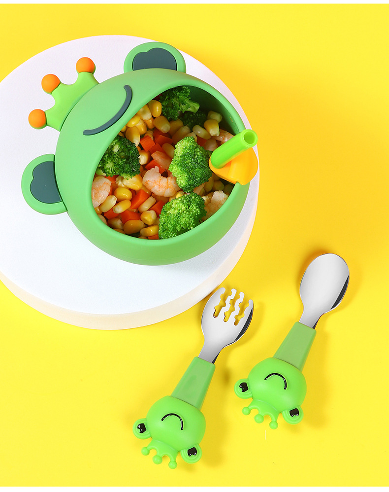 Children's Silicone Bowl Set Cartoon Baby Rice Bowl Spork Chopsticks Complementary Food with Straw Training Tableware Wholesale Children's Silicone Bowl Set Cartoon Baby Rice Bowl Spork Chopsticks Complementary Food with Straw Training Tableware Wholesale