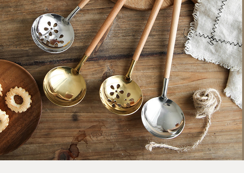 304 Stainless Steel Tableware Japanese Style Wooden Handle Soup Ladle Perforated Ladle Household Kitchen Gadget Hot Pot Drain Factory in Stock 304 Stainless Steel Tableware Japanese Style Wooden Handle Soup Ladle Perforated Ladle Household Kitchen Gadget Hot Pot Drain Factory in Stock