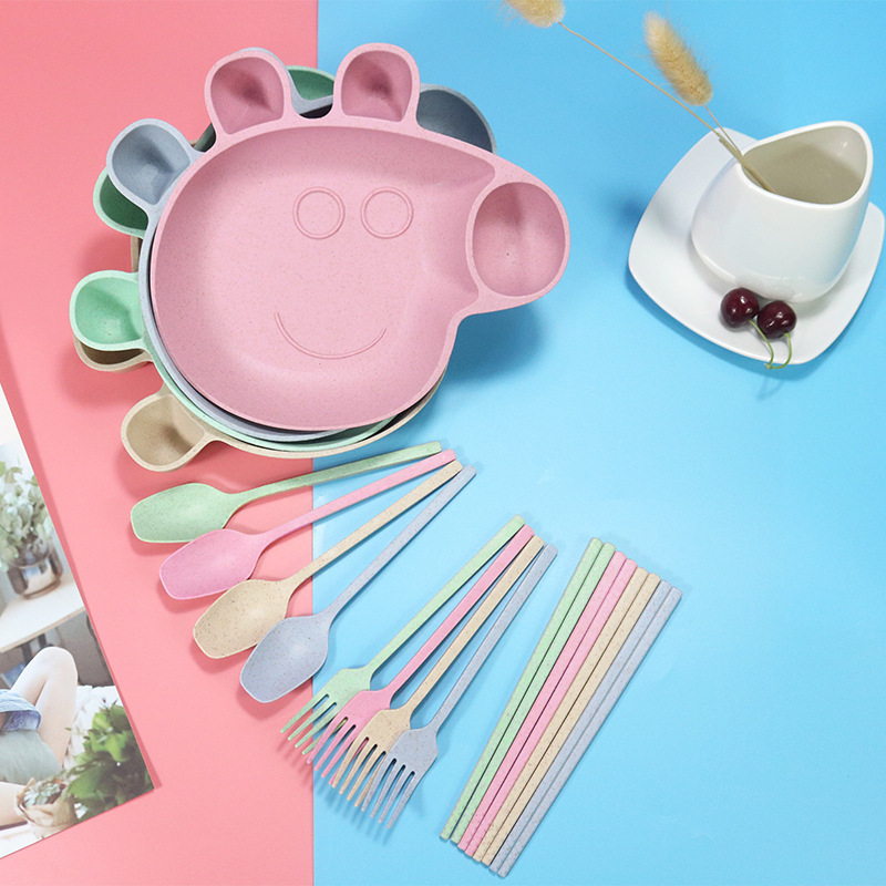 Children&#039;s Wheat Straw Grid Plate Bowl Fork Spoon and Chopsticks Four-Piece Cartoon Creative Page Gift Tableware Set
