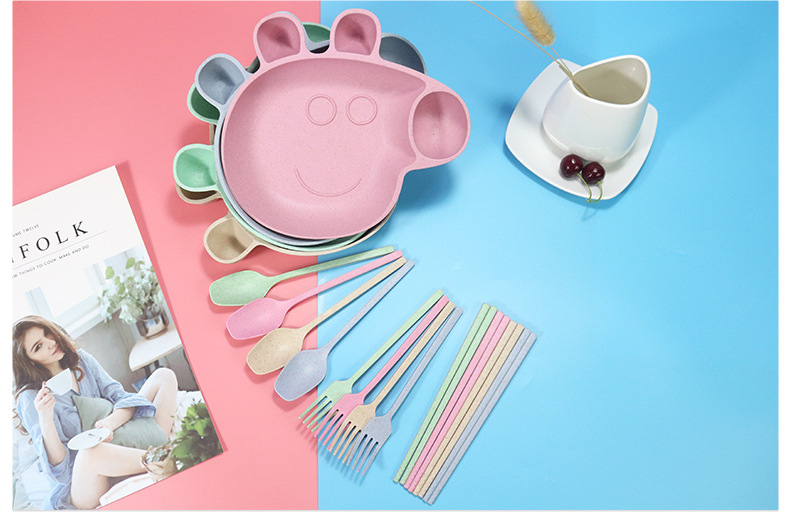 Children's Wheat Straw Grid Plate Bowl Fork Spoon and Chopsticks Four-Piece Cartoon Creative Page Gift Tableware Set