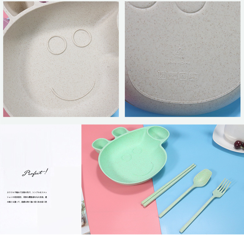 Children's Wheat Straw Grid Plate Bowl Fork Spoon and Chopsticks Four-Piece Cartoon Creative Page Gift Tableware Set