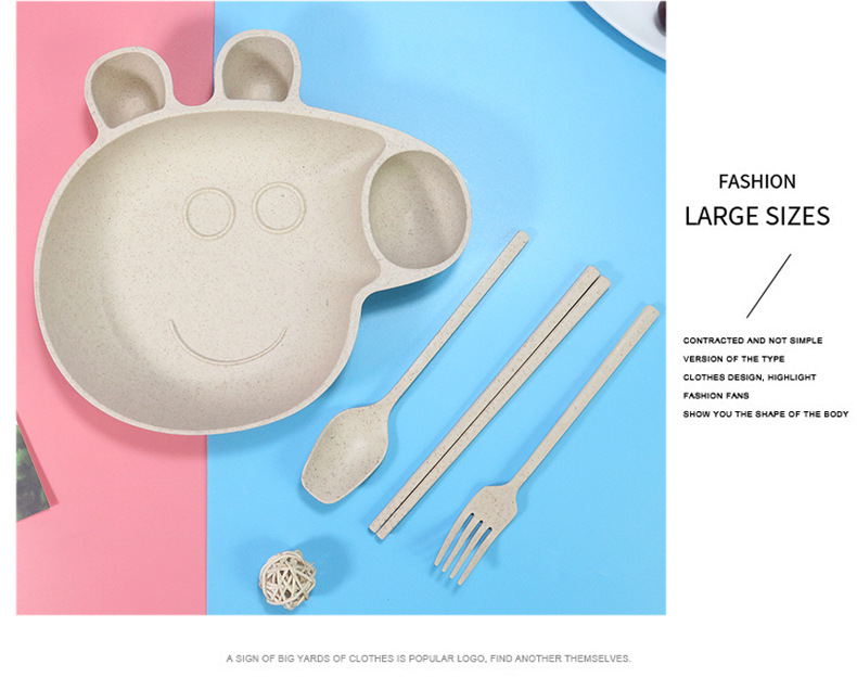 Children's Wheat Straw Grid Plate Bowl Fork Spoon and Chopsticks Four-Piece Cartoon Creative Page Gift Tableware Set
