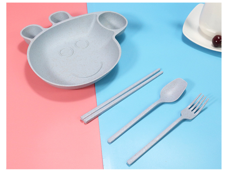 Children's Wheat Straw Grid Plate Bowl Fork Spoon and Chopsticks Four-Piece Cartoon Creative Page Gift Tableware Set