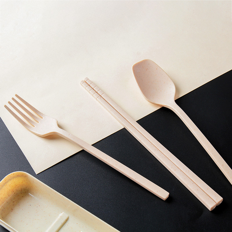Wheat Straw Tableware Set Travel Portable Tableware Gift Box Student Chopsticks Fork and Spoon Three-Piece Suit Cross-Border