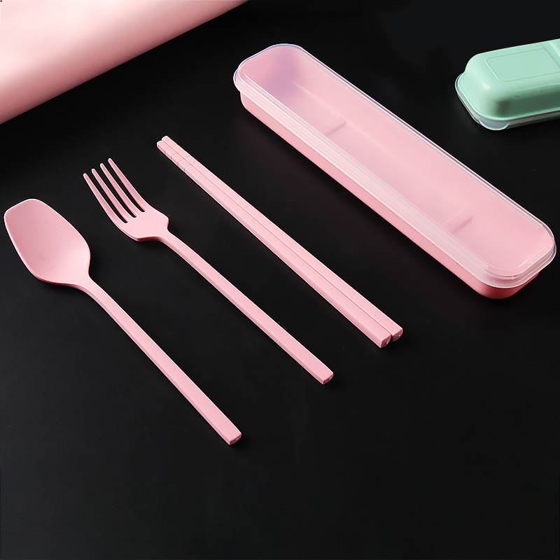 Wheat Straw Tableware Set Travel Portable Tableware Gift Box Student Chopsticks Fork and Spoon Three-Piece Suit Cross-Border