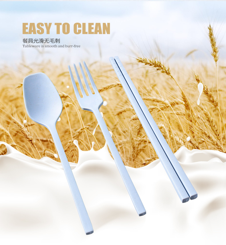 Wheat Straw Tableware Set Travel Portable Tableware Gift Box Student Chopsticks Fork and Spoon Three-Piece Suit Cross-Border