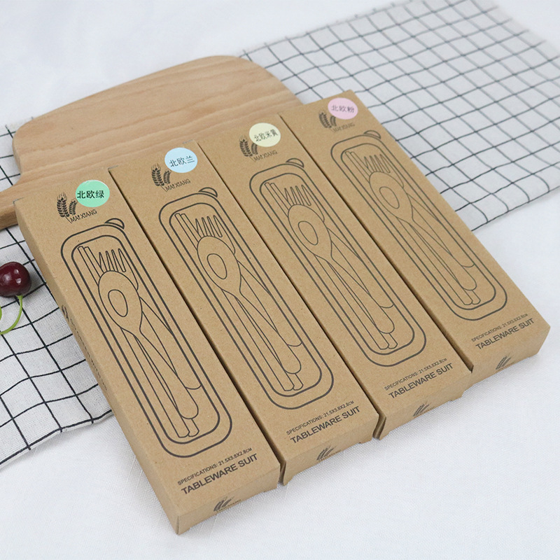 Wheat Straw Tableware Set Travel Portable Tableware Gift Box Student Chopsticks Fork and Spoon Three-Piece Suit Cross-Border