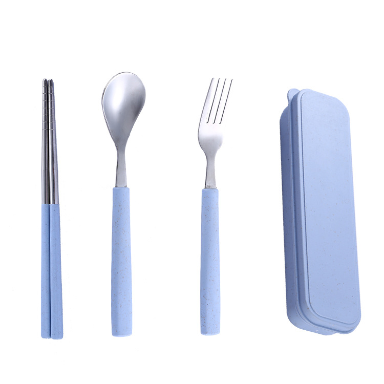 304 Stainless Steel Spoon Fork Chopsticks Wheat Straw Three-Piece Tableware Student Travel Portable Tableware Set