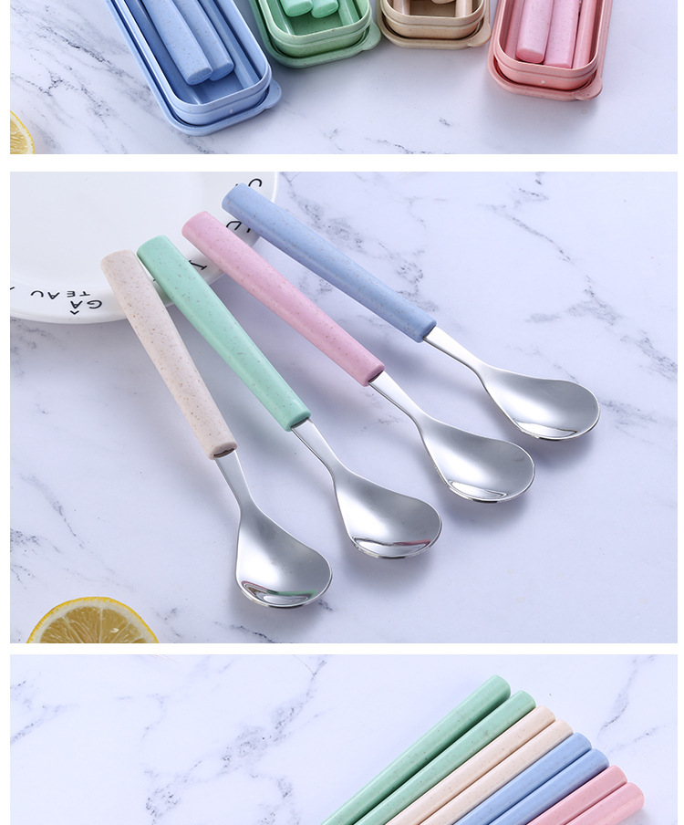 304 Stainless Steel Spoon Fork Chopsticks Wheat Straw Three-Piece Tableware Student Travel Portable Tableware Set