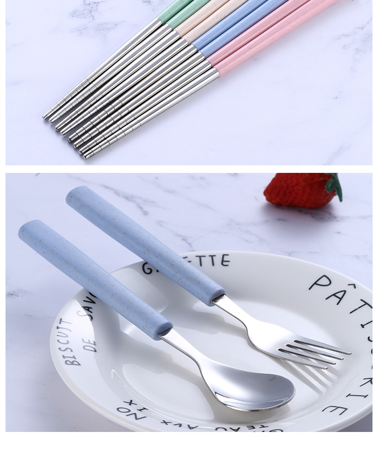 304 Stainless Steel Spoon Fork Chopsticks Wheat Straw Three-Piece Tableware Student Travel Portable Tableware Set