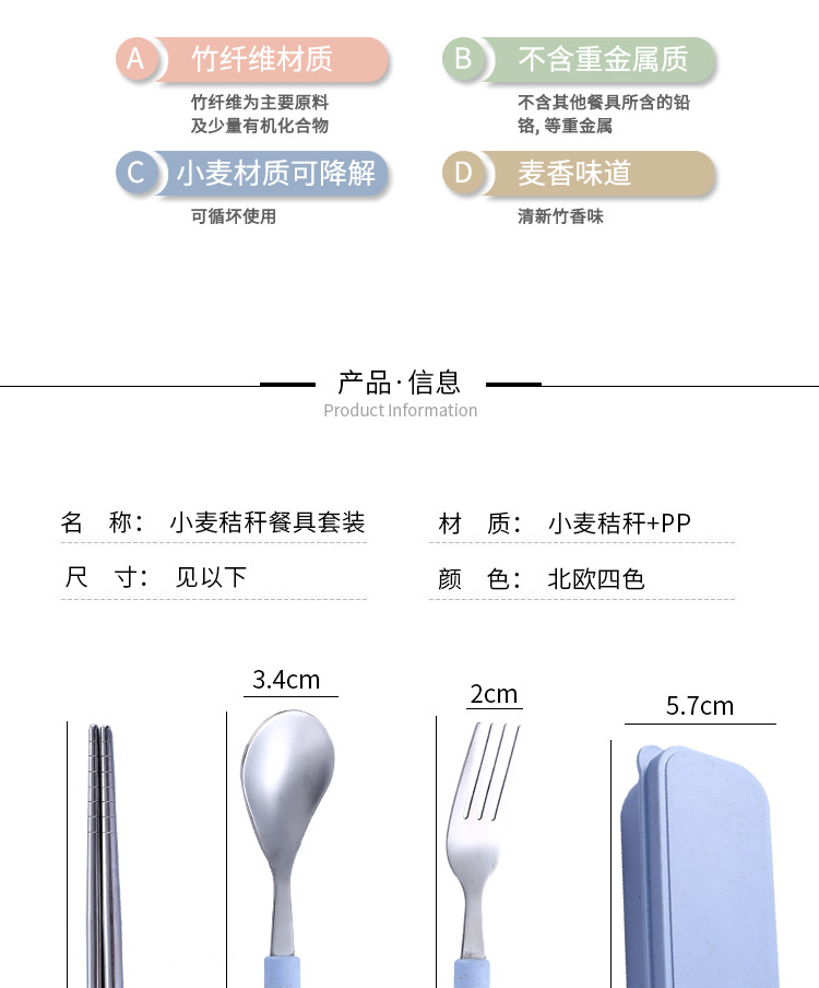 304 Stainless Steel Spoon Fork Chopsticks Wheat Straw Three-Piece Tableware Student Travel Portable Tableware Set