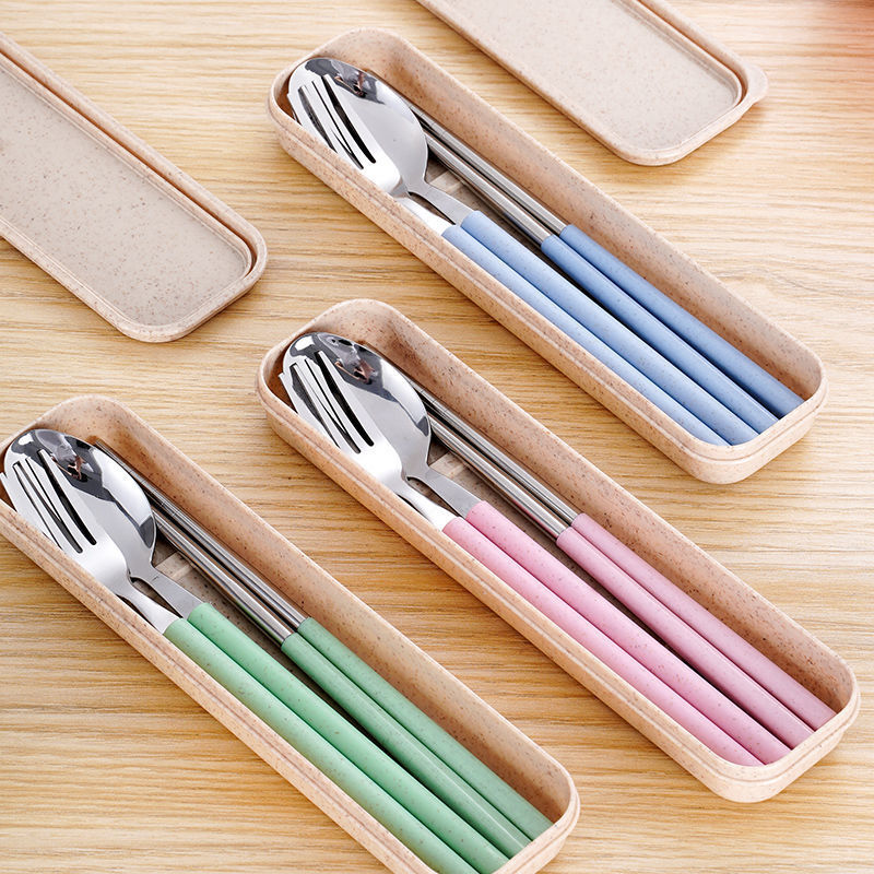 [Three-Piece Set] Stainless Steel Wheat Straw Chopsticks Spoon Fork Student Adult Travel Canteen Portable Tableware