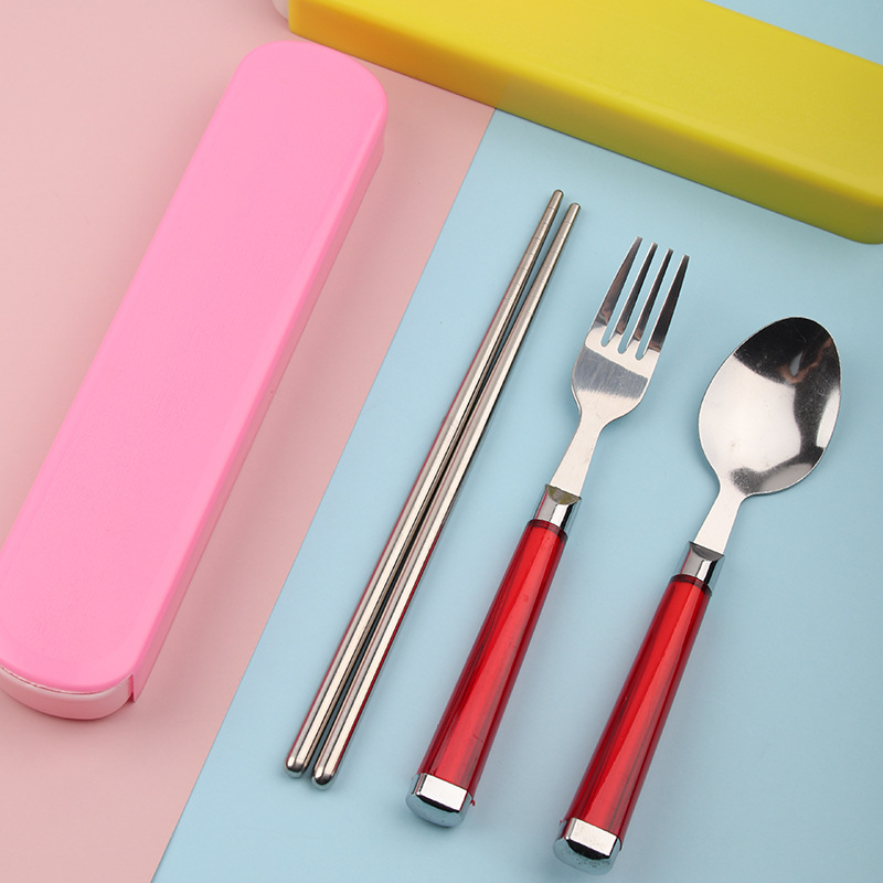 New Stainless Steel Portable Three-Piece Tableware Outdoor Travel Student Chopsticks Spoon Fork Gift Set