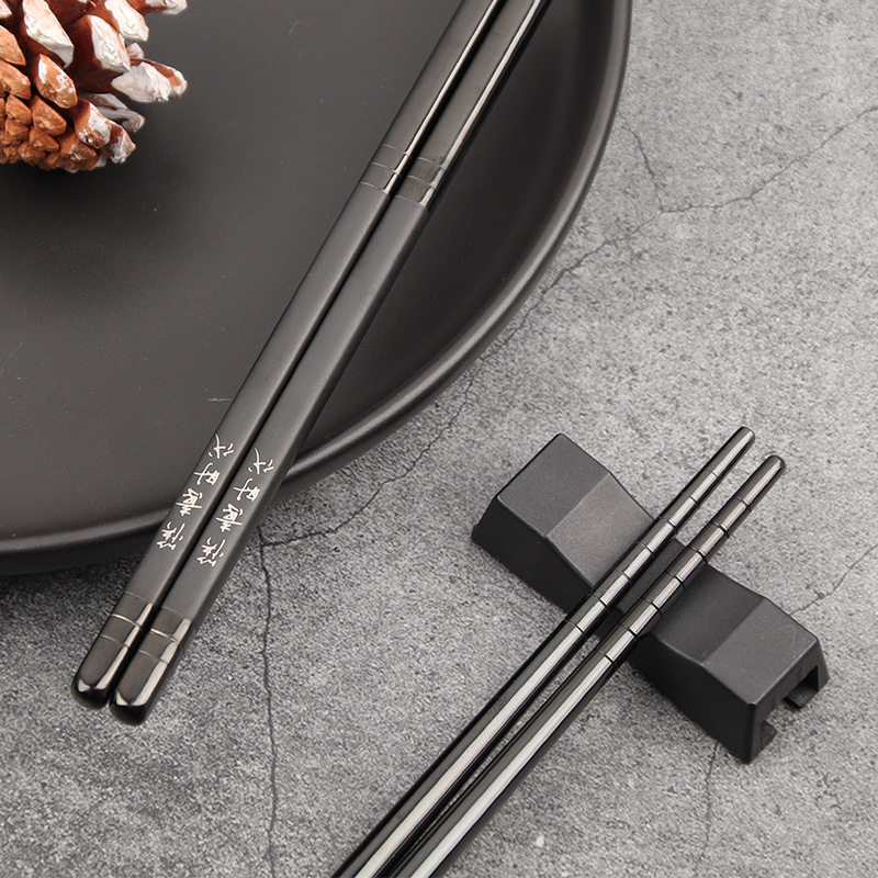 Korean-Style Electroplating 304 Stainless Steel Chopsticks Sanding Black Home Non-Slip Stainless Steel Square-Headed Chopsticks Laser Anti-Scald 5 Pairs
