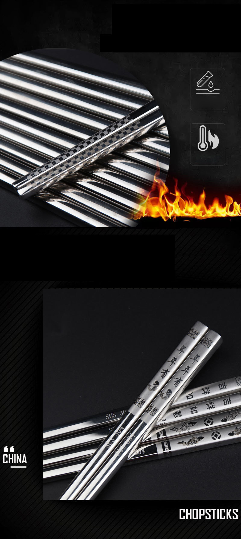 304 Stainless Steel Chopsticks Hotel Household Public Chopsticks Non-Slip and Hot Kuaizi Square Chopsticks Alloy Tableware Set Wholesale