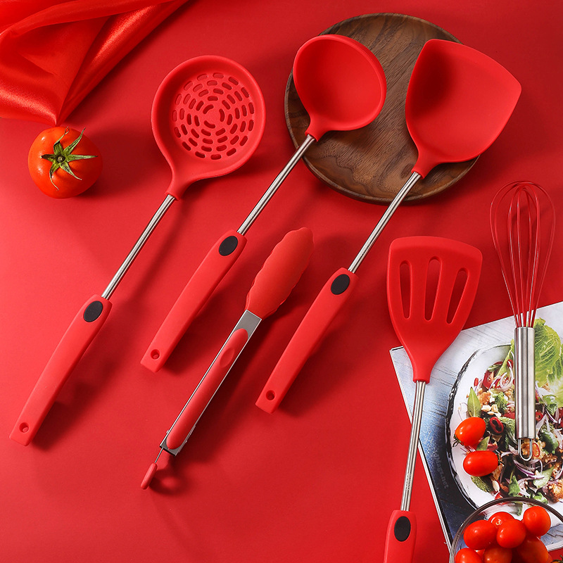 Silicone Kitchenware Set New 7-Piece Non-Stick Pan Cooking Shovel Spoon Kitchenware Stainless Steel Soup Ladle Colander Suit