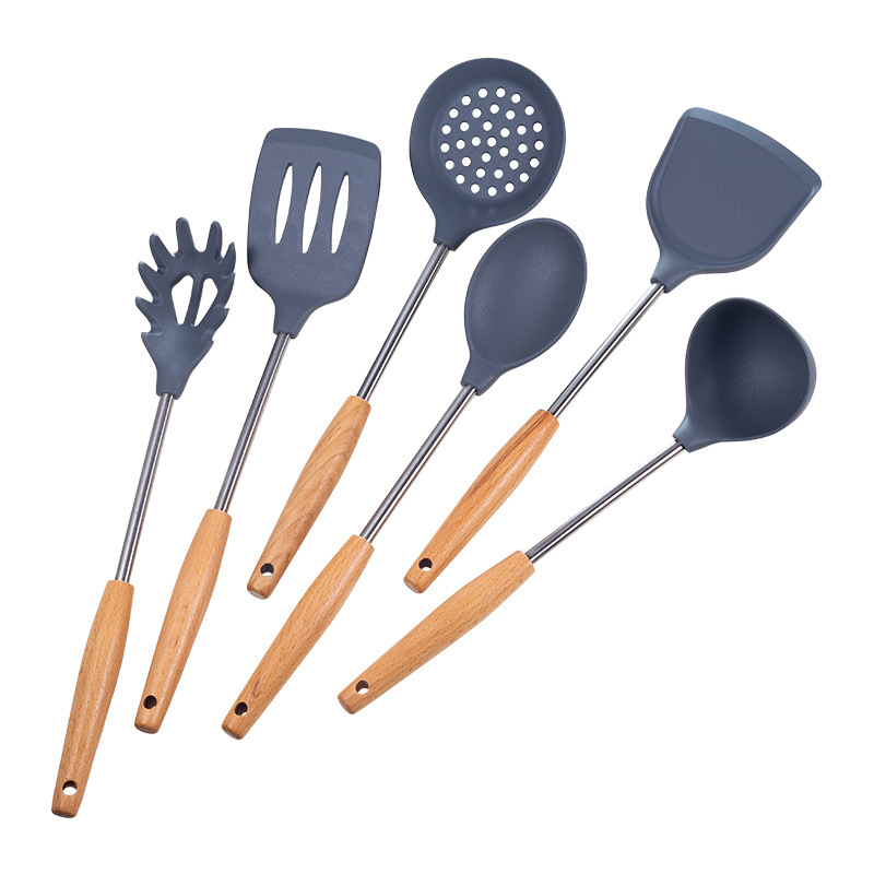Silicone Spatula Set Wooden Handle Spoon Shovel 6-Piece Set High Temperature Resistant Plastic Kitchenware Soup Ladle Gift Factory Direct Sales