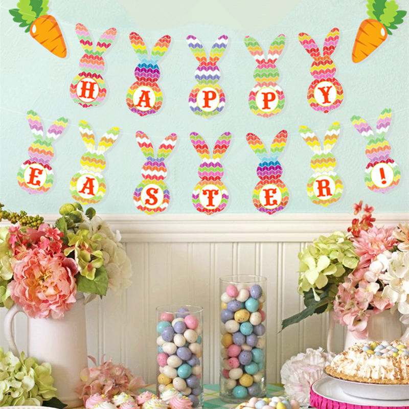 Cross-Border New Arrival Easter Party Cartoon Rabbit Hanging Flag Easter Holiday Theme Decoration Banner Latte Art Cross-Border New Arrival Easter Party Cartoon Rabbit Hanging Flag Easter Holiday Theme Decoration Banner Latte Art