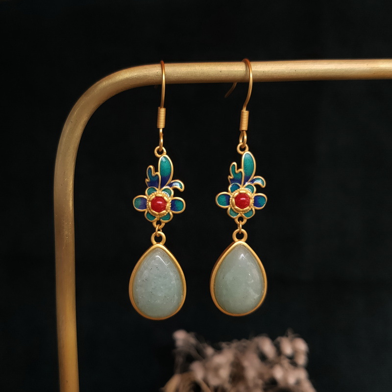 National Fashion Chalcedony Earrings Long Bridal Temperament Hanfu Flag Drop Shape Enamel Ear Rings Fairy Girl Mori Style Earrings