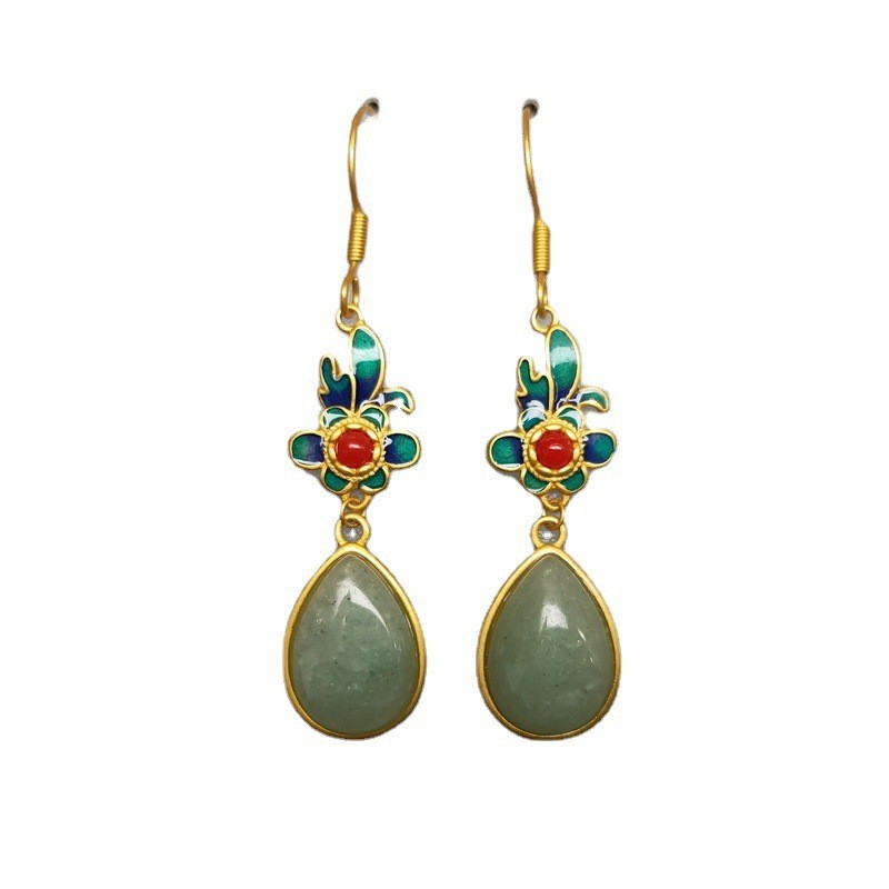 National Fashion Chalcedony Earrings Long Bridal Temperament Hanfu Flag Drop Shape Enamel Ear Rings Fairy Girl Mori Style Earrings