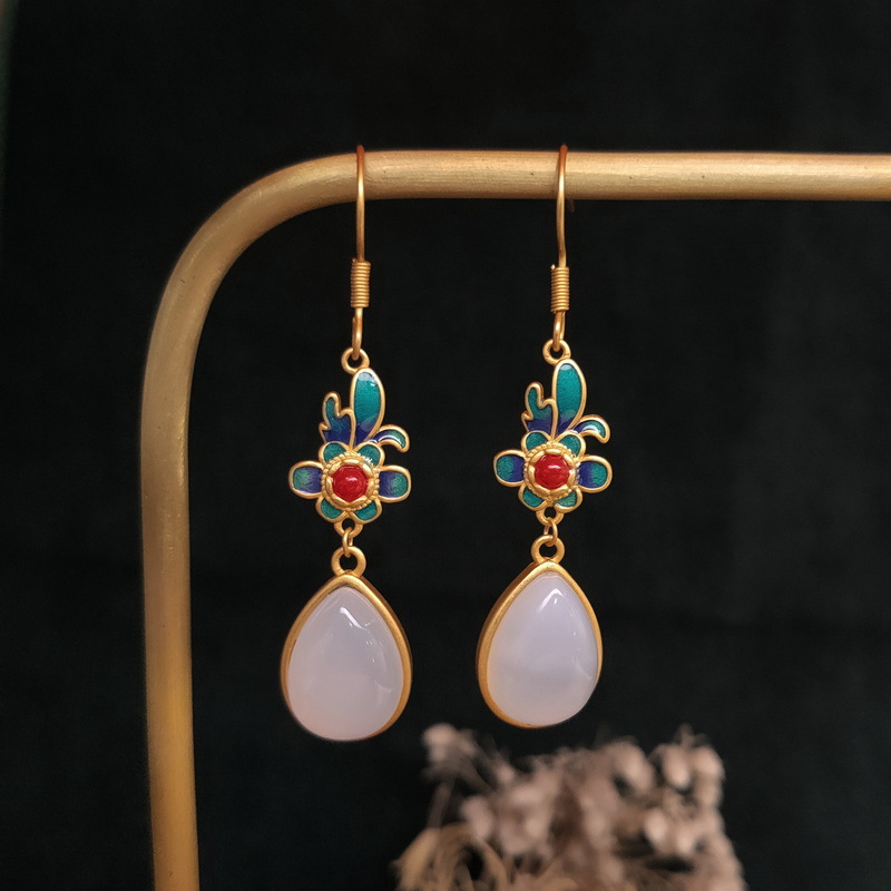 National Fashion Chalcedony Earrings Long Bridal Temperament Hanfu Flag Drop Shape Enamel Ear Rings Fairy Girl Mori Style Earrings